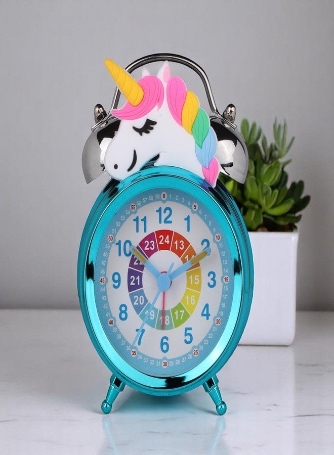 De'rons Twin Bell Analog Table Alarm Clock with Backlight for Heavy Sleepers Alarm Clock for Students Funny Cute Cartoon Unicorn Shape Alarm Clock for Girls Kids Boys Bedroom 12 x 8 cm (Turquoise) - Image 1